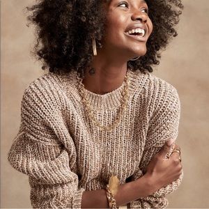 Banana Republic Tan White Chunky Oversized Cotton Crew Sweater Size Medium NEW